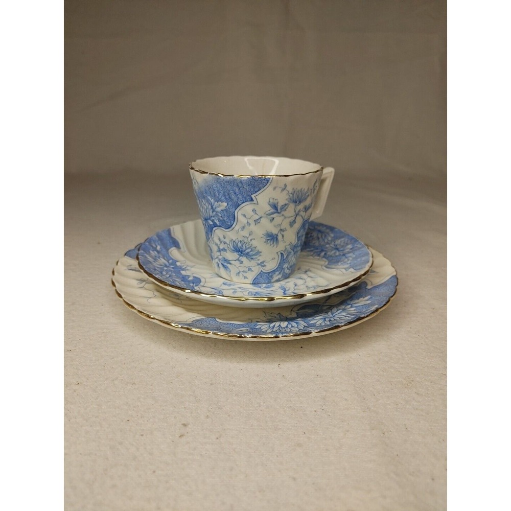 Antique Burgess &‎ Leigh Burslem Cup, Saucer & Plate, 1906-12, Blue Floral Swirl - Picture 9 of 9